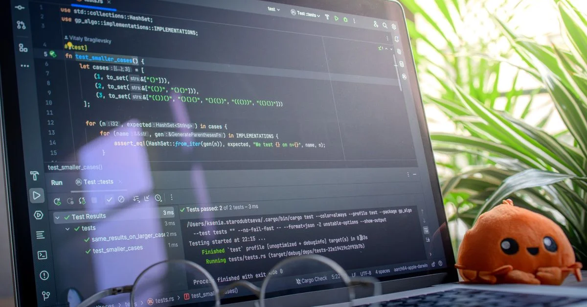 Ordinateur portable ouvert affichant du code à côté d'une peluche, dans une pièce lumineuse avec des plantes.