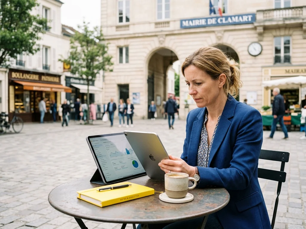 Consultante SEO analysant des données devant la mairie de Clamart, symbole de l'expertise locale de l'agence.
