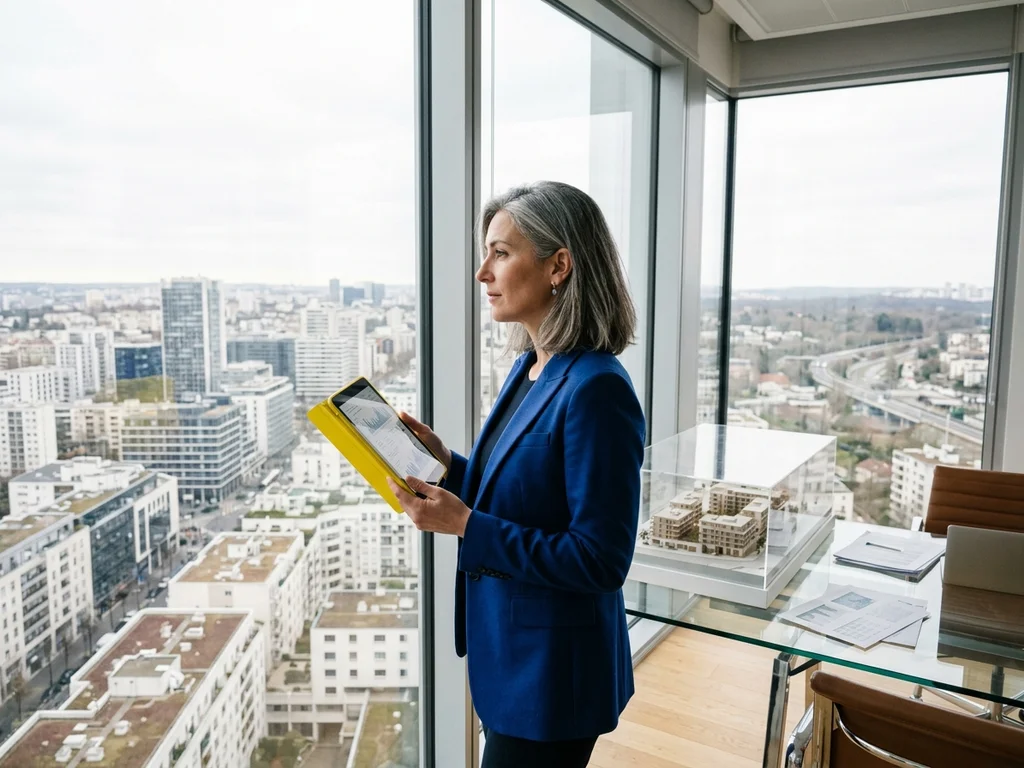 Une consultante analyse le paysage urbain de Clamart depuis un bureau des Hauts-de-Seine.
