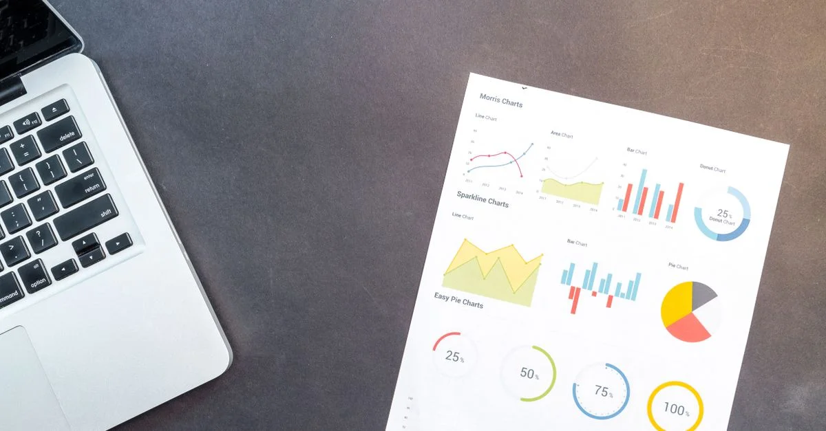 Configuration de bureau moderne avec un ordinateur portable et des graphiques analytiques présentant l'interprétation des données et l'analyse commerciale.