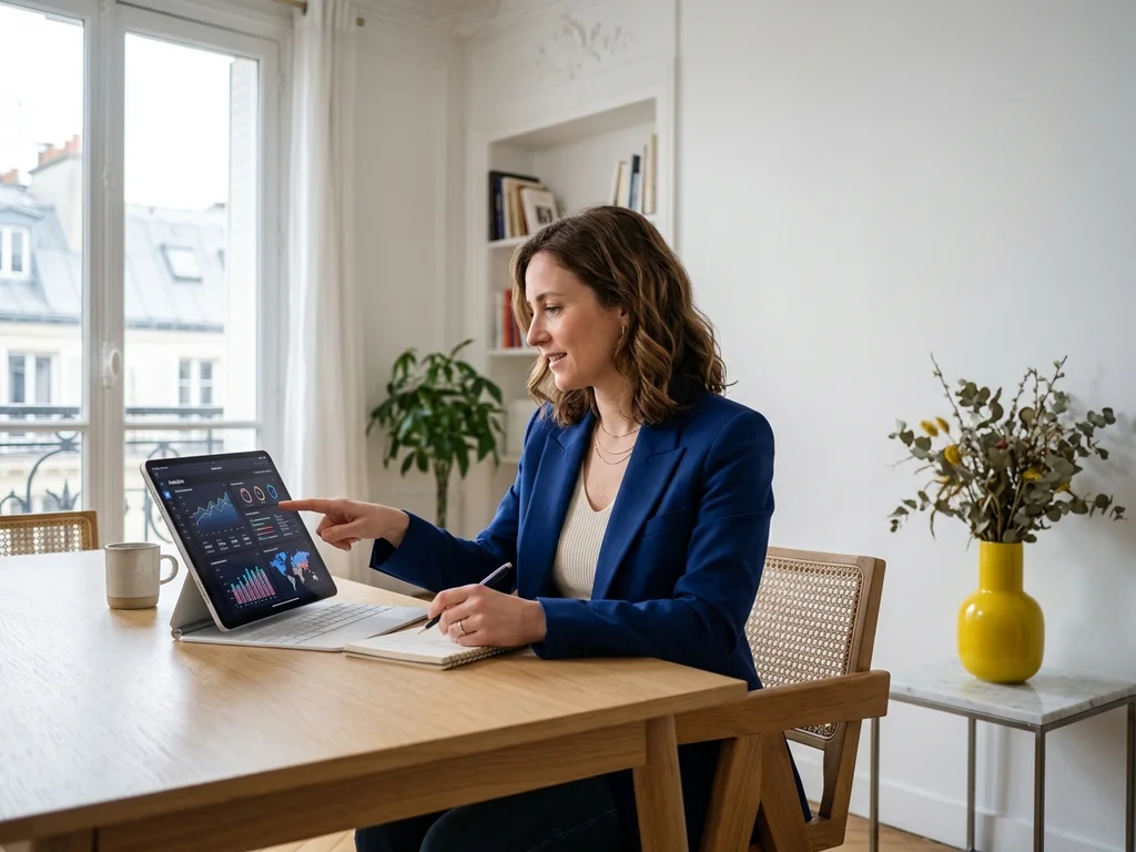 Spécialiste SEO optimisant des solutions digitales pour une entreprise française depuis un bureau moderne.